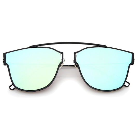 Modern Thin Flat Mirrored Lens Horned Rim Sunglasses